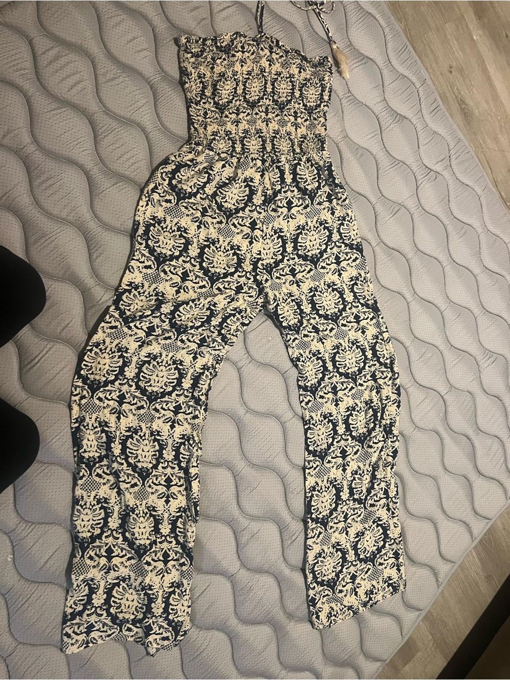 Jealous Tomato Navy and Cream Halter Smocked Jumpsuit